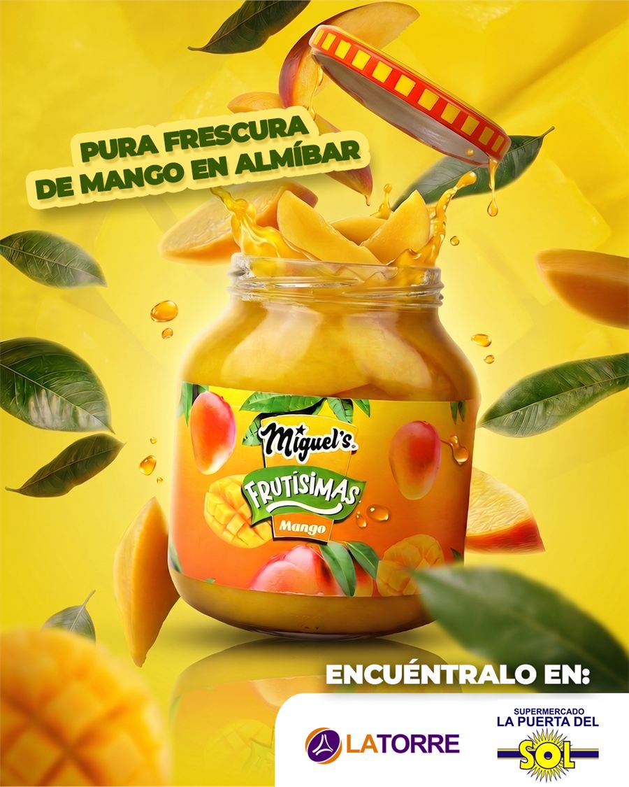 Publicación de Miguel’s con un frasco de mango en almíbar rodeado de hojas y rodajas de fruta.