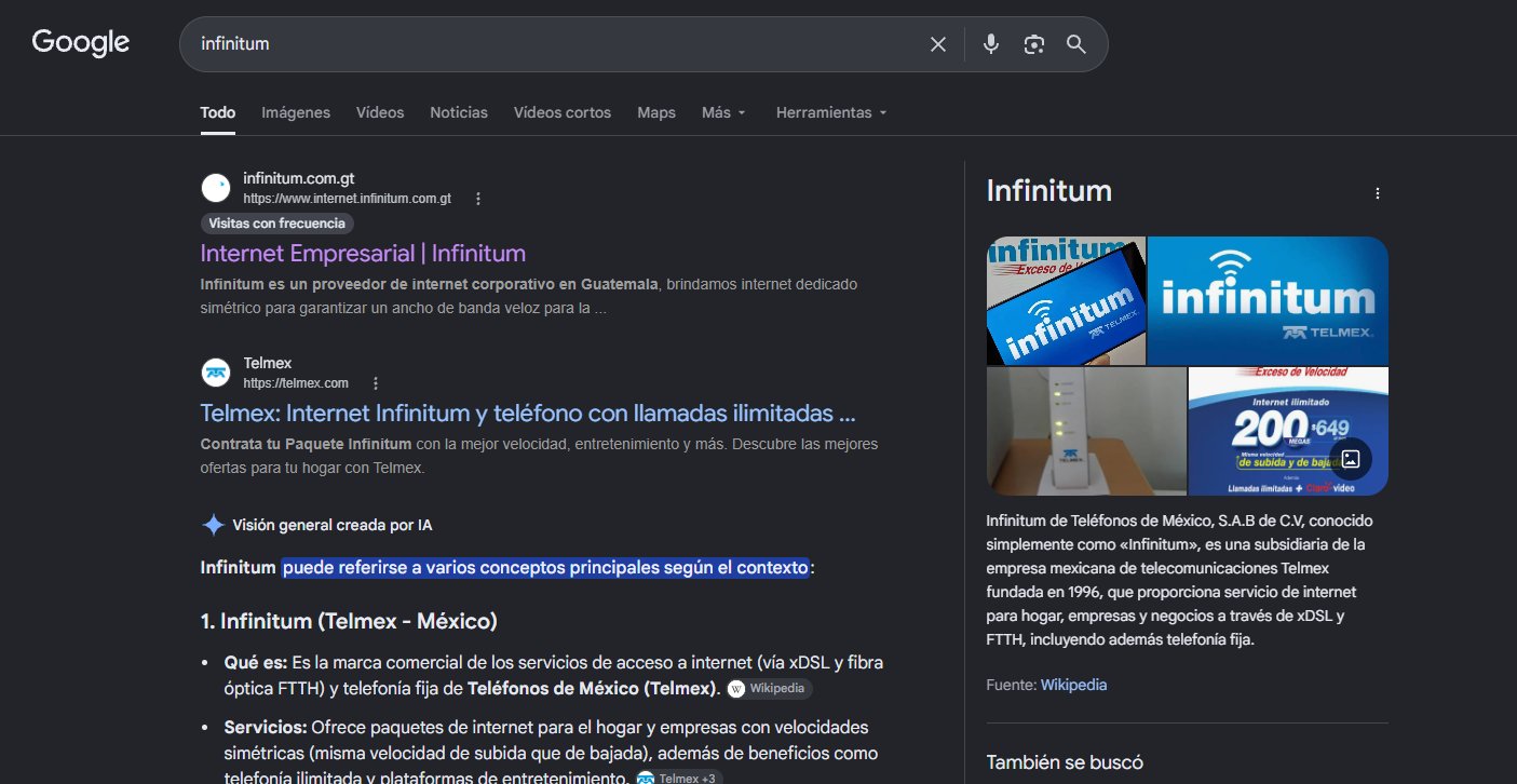 Resultados de Google para «infinitum»: el sitio de Infinitum Guatemala sale primero, antes que el de Telmex.
