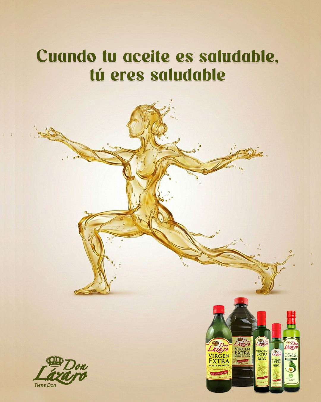Publicación de Don Lázaro para redes sociales: una figura hecha de aceite en postura de yoga y el lema «Cuando tu aceite es saludable, tú eres saludable».