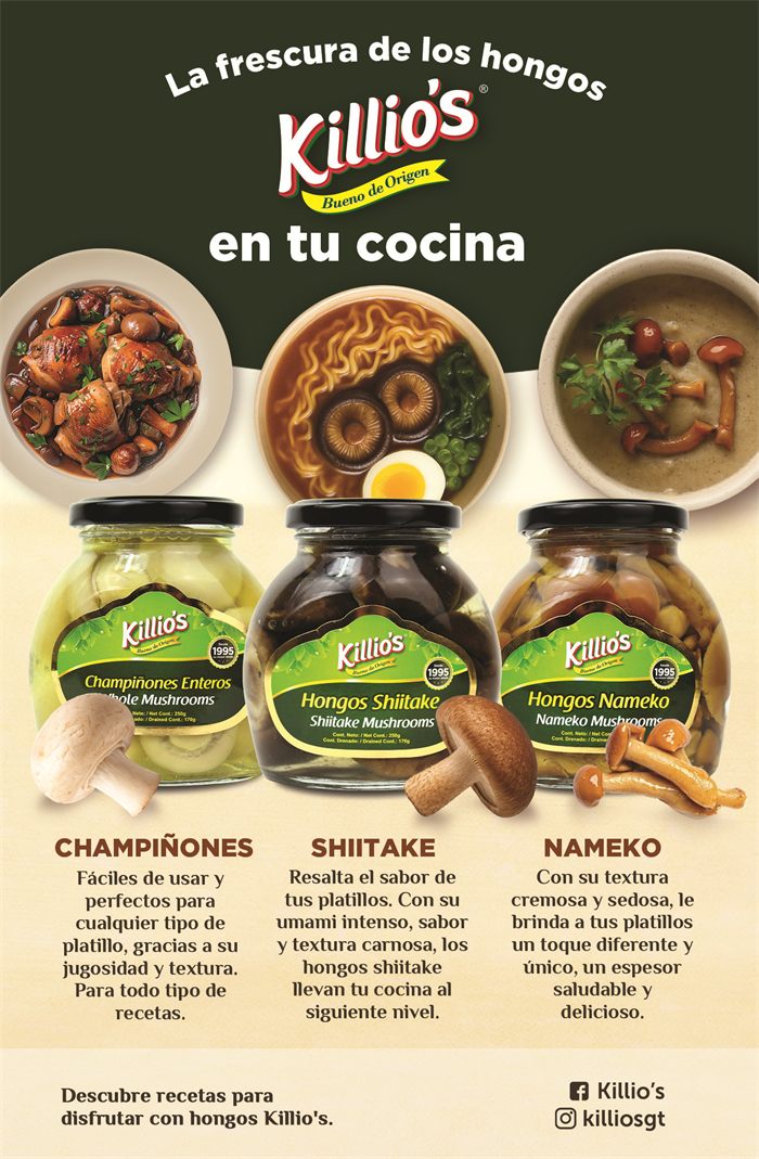 Volante de Killio’s con champiñones, hongos shiitake y hongos nameko en frascos, y platos de cocina.