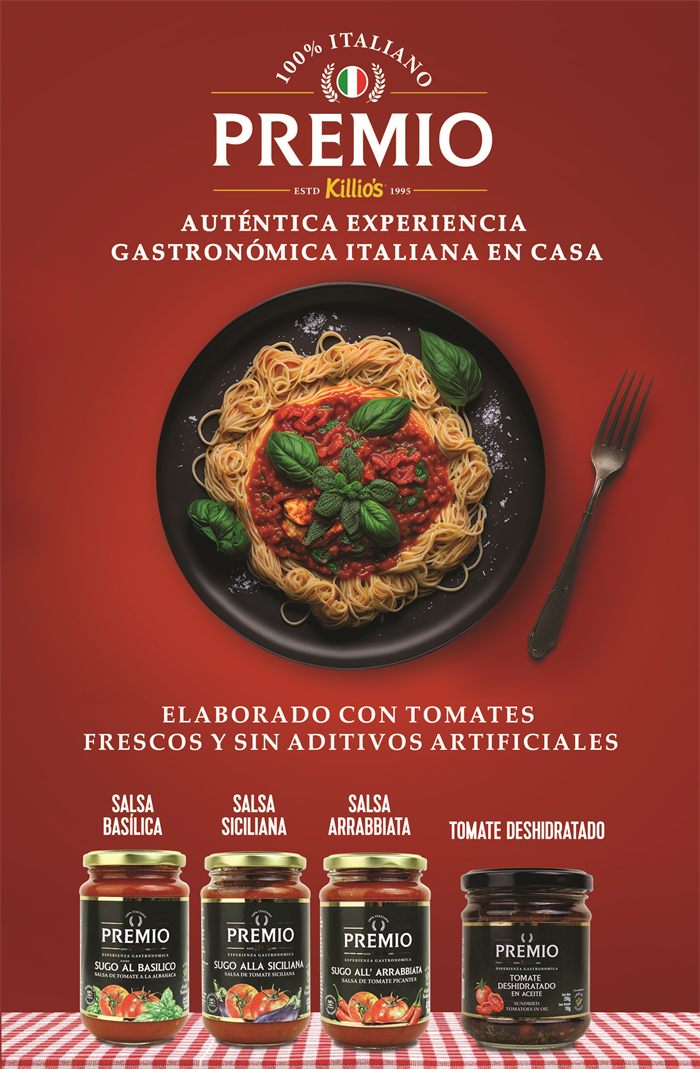 Volante de Premio con una lata de tomate pelado, frascos de salsas y un plato de espagueti.