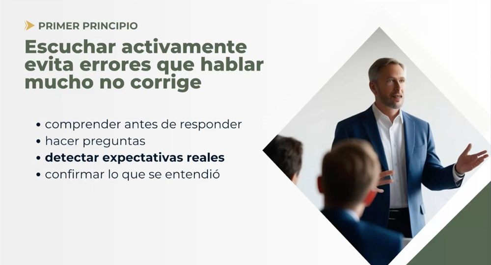Diapositiva: «Escuchar activamente evita errores que hablar mucho no corrige», con cuatro ideas y una fotografía de un expositor.