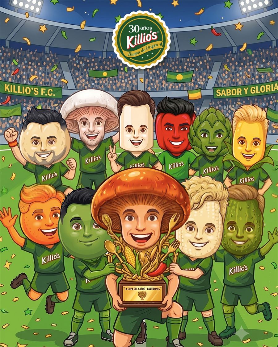 Ilustración de la campaña de los 30 años de Killio’s, con personajes de vegetales vestidos de futbolistas.
