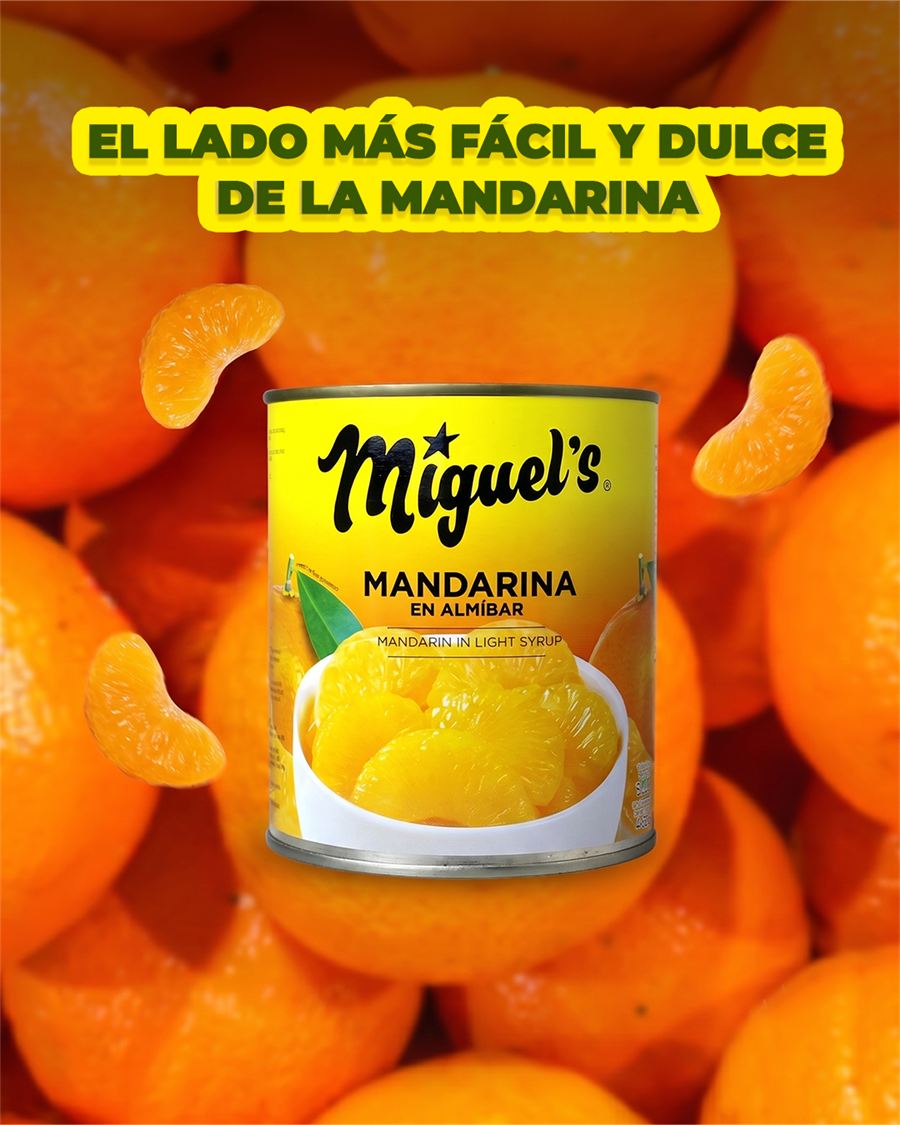Publicación de Miguel’s con una lata de mandarina en almíbar sobre un fondo de mandarinas.