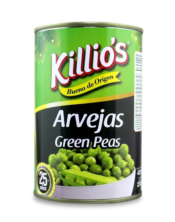 Lata de arvejas Killio’s sobre fondo blanco.