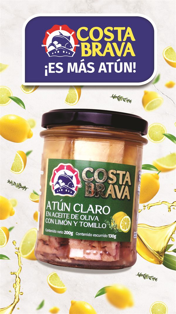 Anuncio vertical de Costa Brava con un frasco de atún claro en aceite de oliva con limón y tomillo.