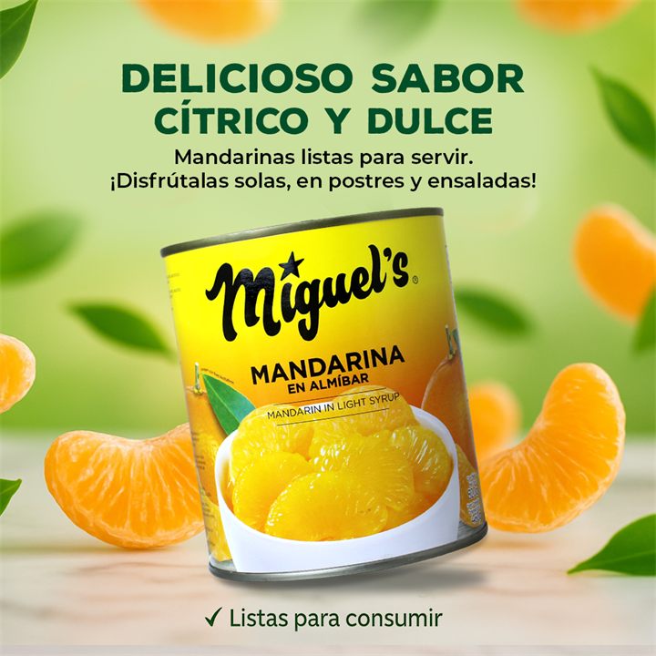 Publicación de Miguel’s con una lata de mandarina en almíbar y gajos de mandarina.