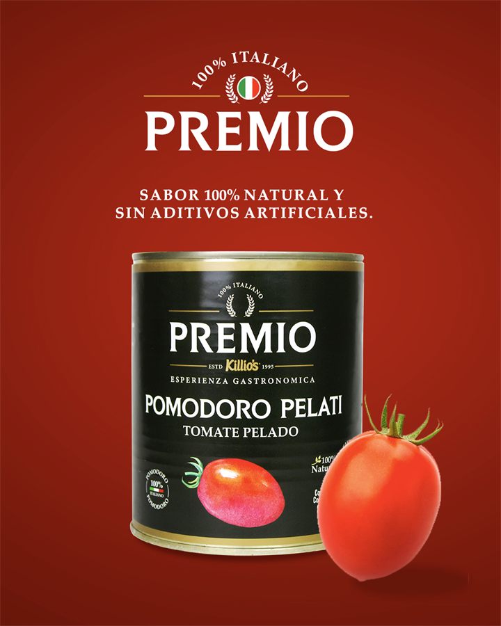 Publicación de Premio con una lata de tomate pelado sobre un fondo rojo y un tomate fresco.