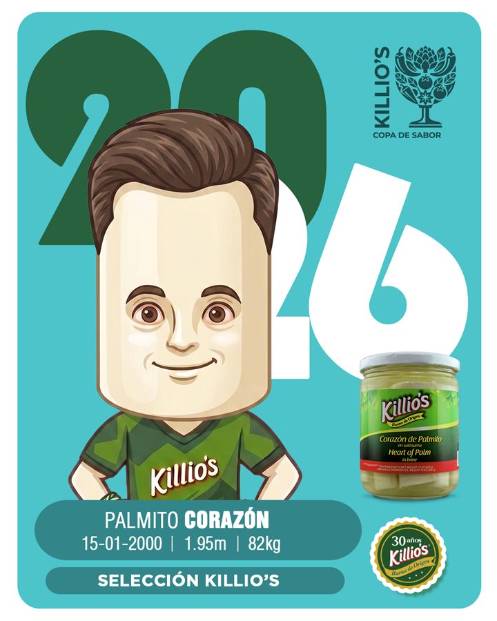 Carta de jugador «Selección Killio’s 2026» con un corazón de palmito caricaturizado.