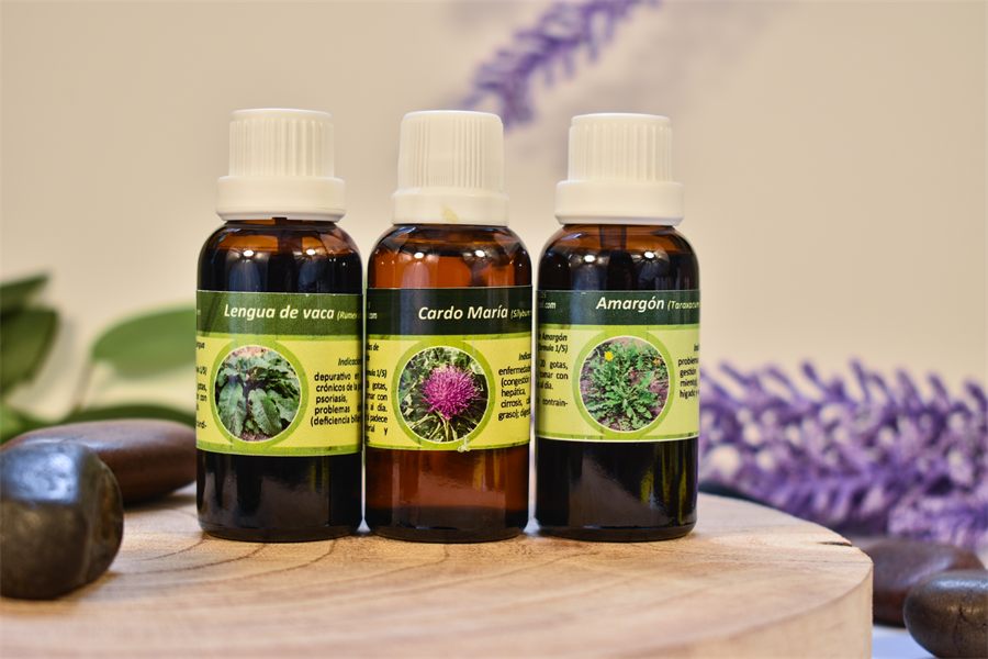 Tres frascos de extractos naturales del trío detox, sobre una base de madera con lavanda de fondo.